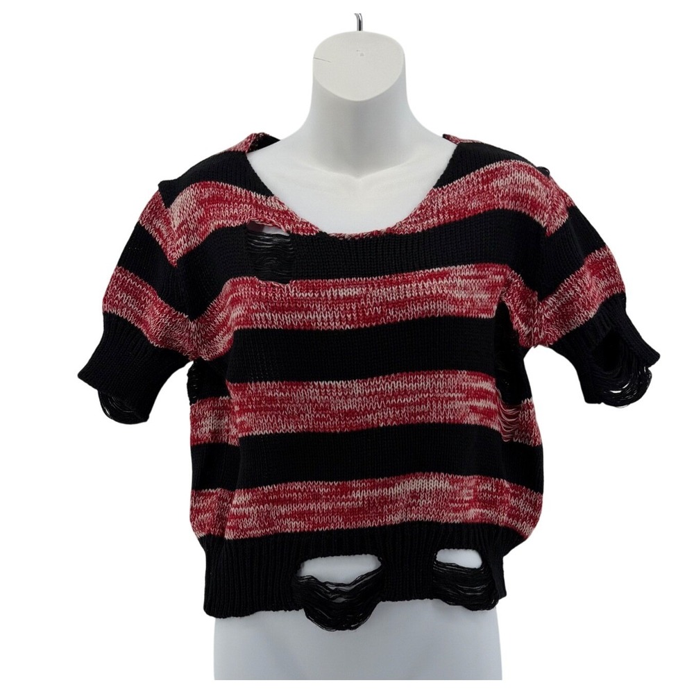 POL - Distressed Striped Sweater Black Red Short Sleeve - Small - Grunge